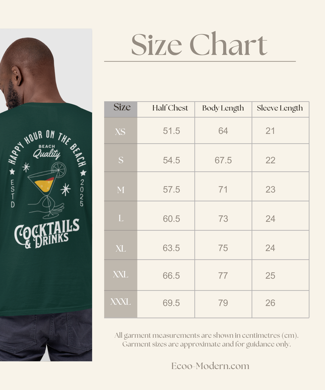 “Happy Hour on the beach-Cocktails & Drinks”   Organic cotton Glazed Green T-Shirt  l  Relaxed Fit, Heavy Weight, 240 GSM