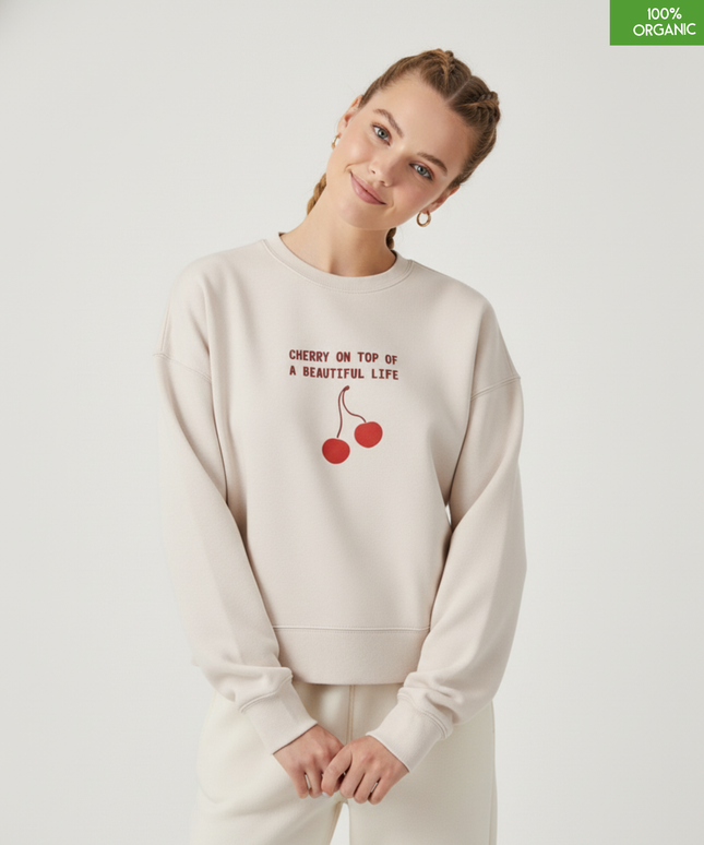 "Cherry on top of a beautiful life " The women's crew neck sweatshirt | Eco-Heather | Medium fit | 300gsm