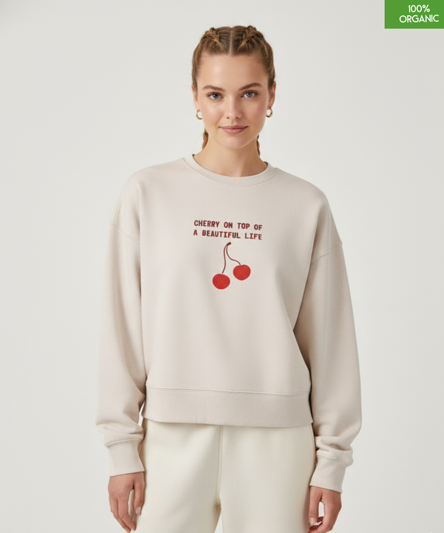 "Cherry on top of a beautiful life " The women's crew neck sweatshirt | Eco-Heather | Medium fit | 300gsm