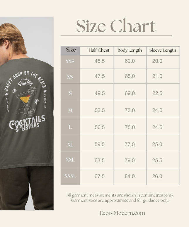 “Happy Hour on the beach-Cocktails & Drinks”  Organic cotton T-Shirt  l  Khaki  l  Medium Fit, Mid Weight