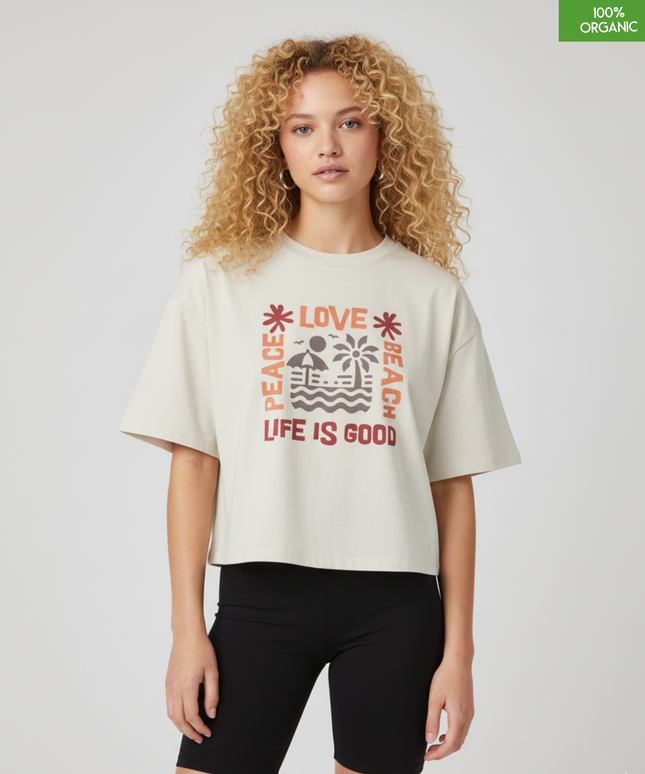 "Life is good - Peace, Love, Beach" Beach lover Cropped T-Shirt | Relaxed fit | Organic cotton and premium construction.