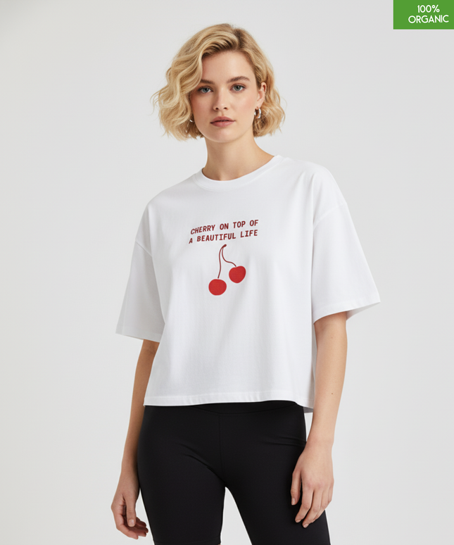 "Cherry on top of a beautiful life"  Cropped T-Shirt | Relaxed fit | Organic cotton and premium construction.