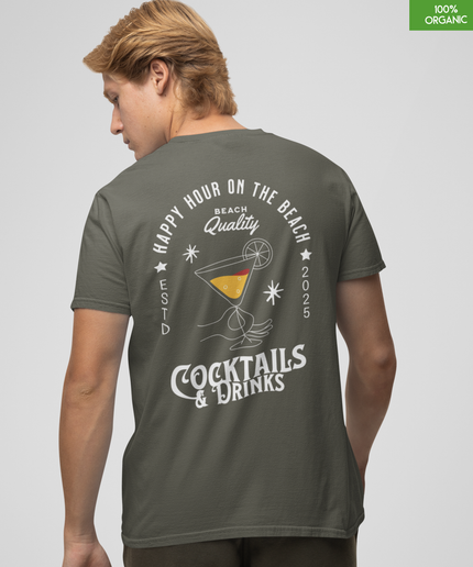 “Happy Hour on the beach-Cocktails & Drinks”  Organic cotton T-Shirt  l  Khaki  l  Medium Fit, Mid Weight