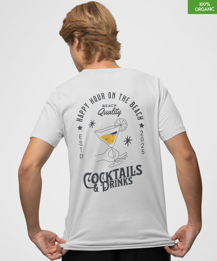 “Happy Hour on the beach-Cocktails & Drinks”  Organic cotton T-Shirt  l White l  Medium Fit, Mid Weight