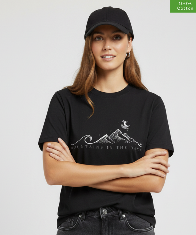 "Mountains in the Dark"  Oversized Fit T-Shirt, Cotton, Heavyweight,Black.