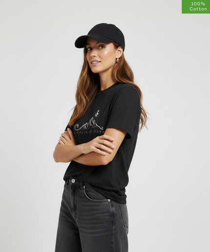 "Mountains in the Dark"  Oversized Fit T-Shirt, Cotton, Heavyweight,Black.