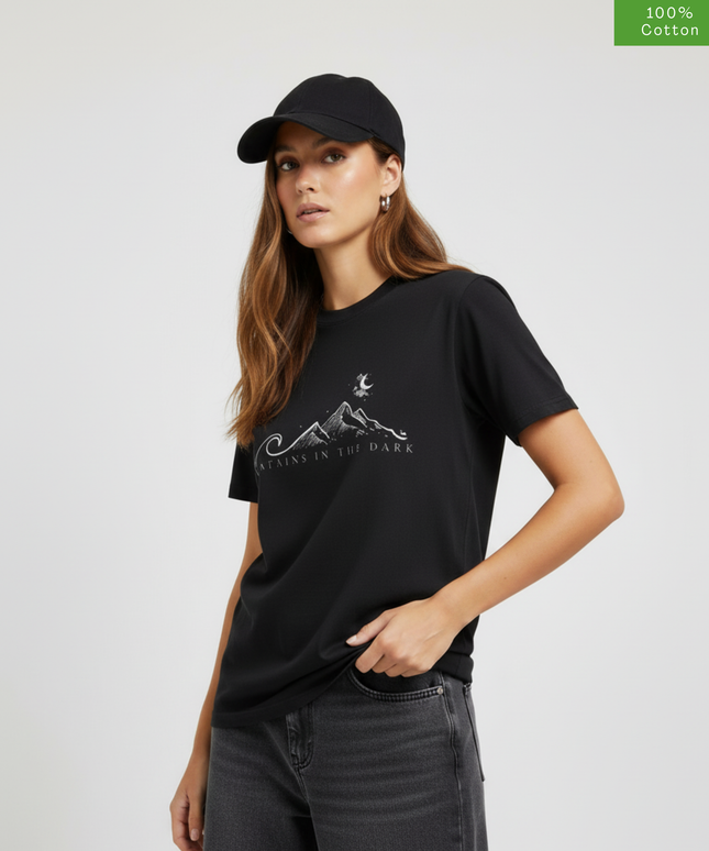 "Mountains in the Dark"  Oversized Fit T-Shirt, Cotton, Heavyweight,Black.