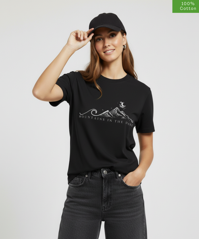 "Mountains in the Dark"  Oversized Fit T-Shirt, Cotton, Heavyweight,Black.