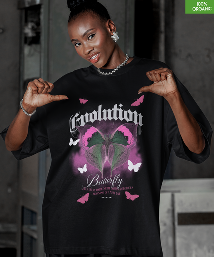 Evolution Butterfly Oversized T-Shirt – Gothic Graphic Tee – Transformation & Renewal – 100% Organic Cotton