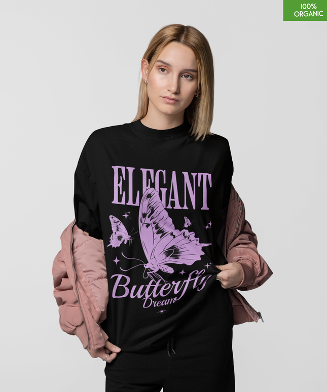 Elegant Butterfly Dream Oversized T-Shirt – Pastel Purple Graphic Tee – Soft 100% Organic Cotton Streetwear