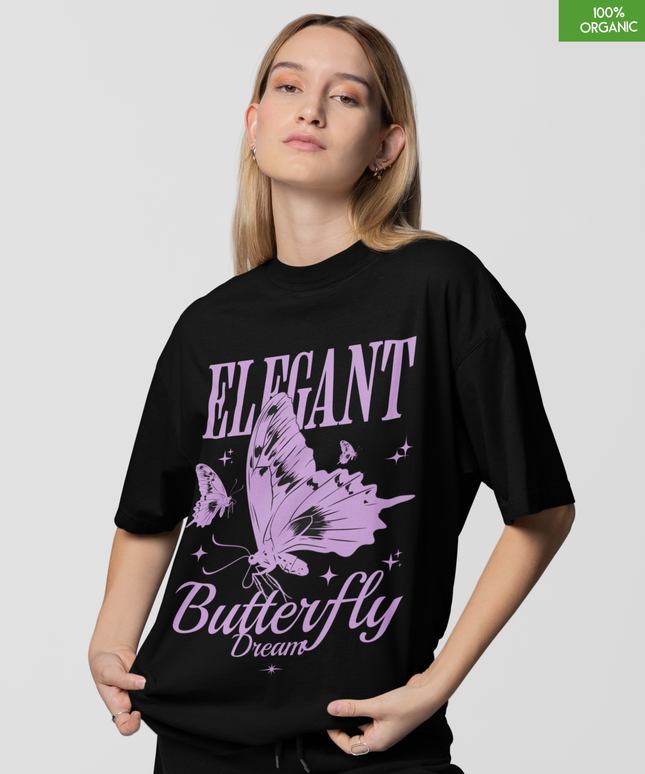 Elegant Butterfly Dream Oversized T-Shirt – Pastel Purple Graphic Tee – Soft 100% Organic Cotton Streetwear