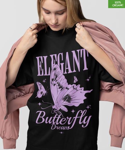 Elegant Butterfly Dream Oversized T-Shirt – Pastel Purple Graphic Tee – Soft 100% Organic Cotton Streetwear