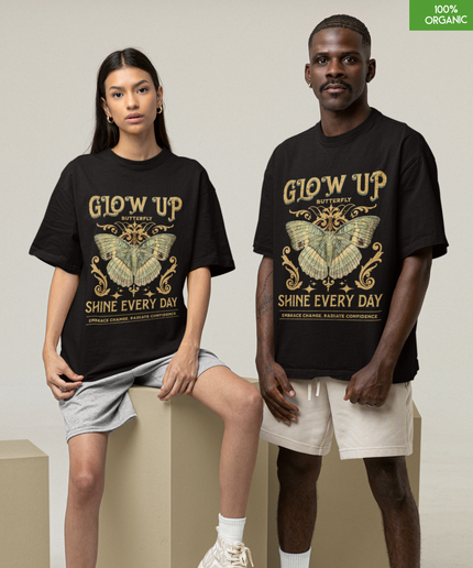 Glow Up Butterfly Oversized T-Shirt – Inspirational Graphic Tee – Embrace Change & Shine Every Day – 100% Organic Cotton