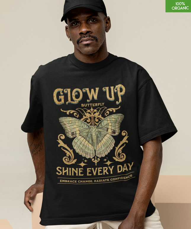 Glow Up Butterfly Oversized T-Shirt – Inspirational Graphic Tee – Embrace Change & Shine Every Day – 100% Organic Cotton