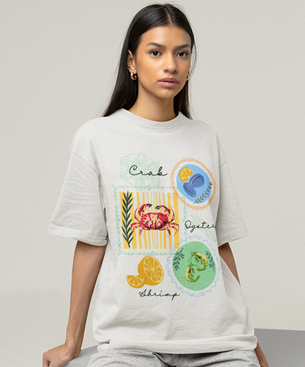 Organic Oversized T-Shirt with Seafood Illustration – Crab, Shrimp & Oyster Graphic Tee – 100% Organic Cotton