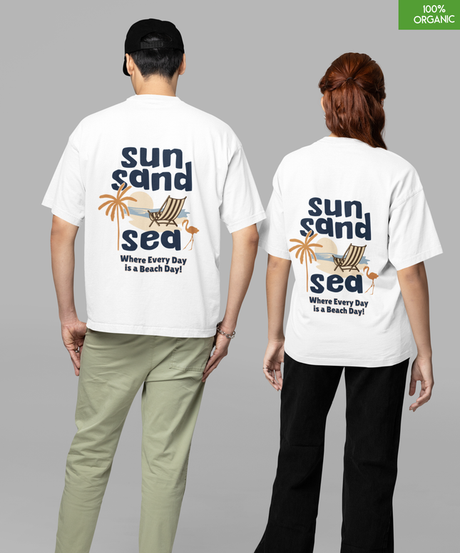 Oversized“Sun Sand Sea” Beach Day Graphic Organic Cotton T-Shirt