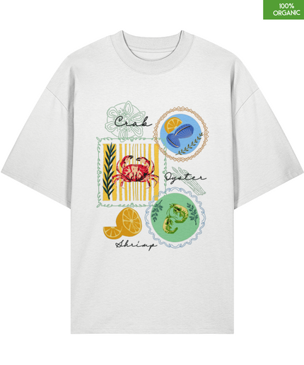 Organic Oversized T-Shirt with Seafood Illustration – Crab, Shrimp & Oyster Graphic Tee – 100% Organic Cotton